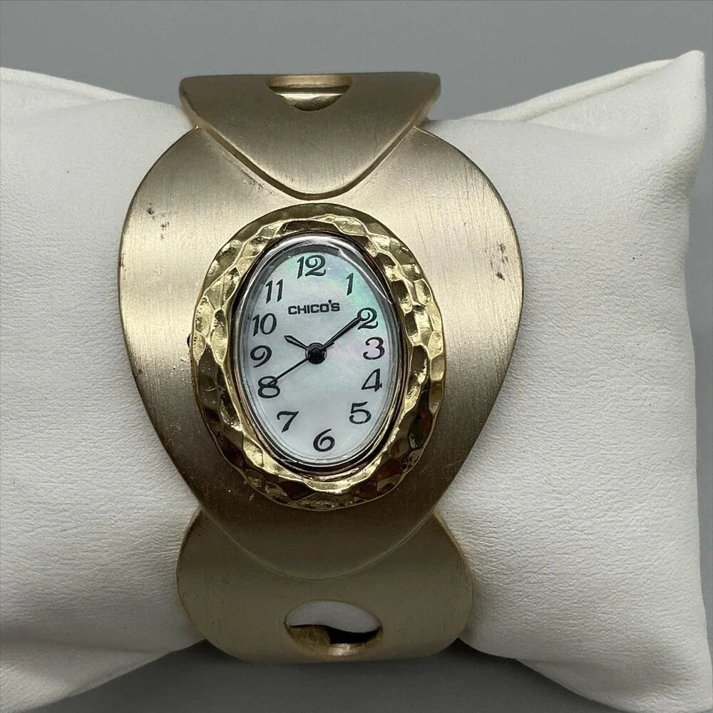 Chico's Womens Watch 39mm Oval White Dial Gold Tone Bangle Cuff New Battery